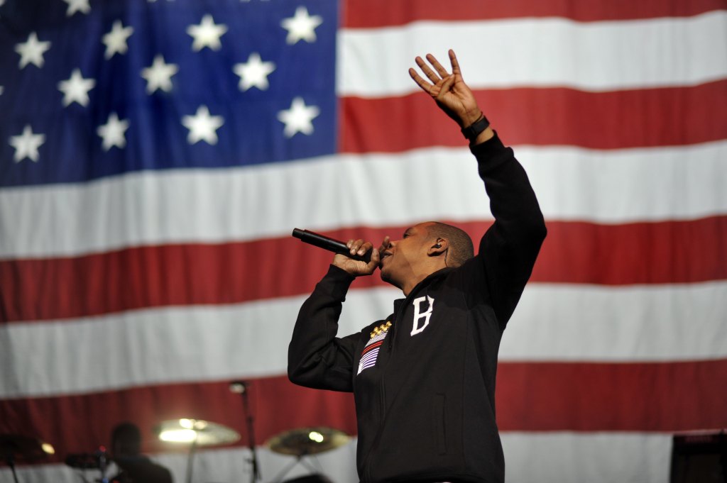 Jay-Z em evento pró-Obama de campanha presidencial de 2012