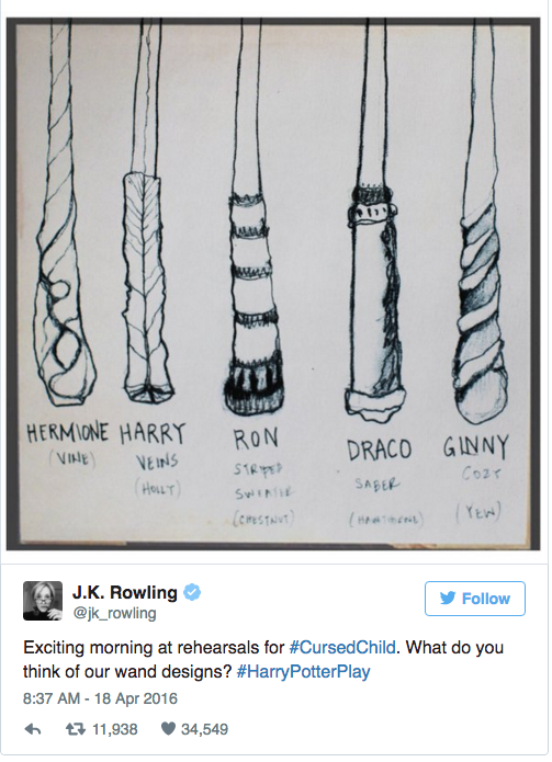 JK Rowling mostrou varinhas dos personagens na peça 