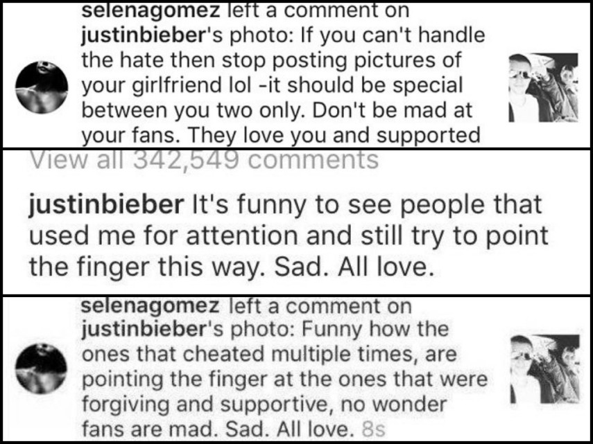 Briga de Bieber e Selena no Instagram