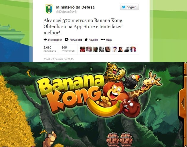 Ministério da Defesa posta recorde do game Banana Kong no Twitter - TecMundo