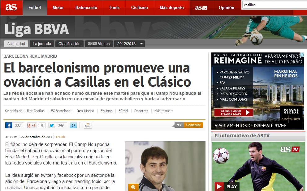 Torcida do Barcelona promete ovacionar Casillas no Camp Nou durante clássico