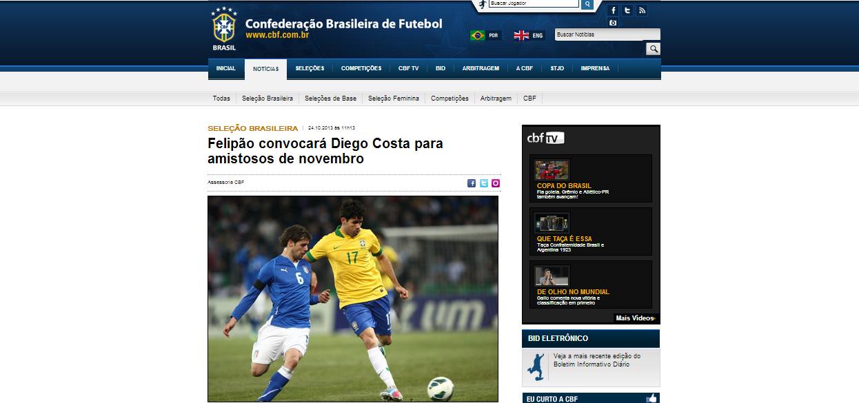 CBF confirma convocação de Diego Costa para amistosos da seleção em novembro