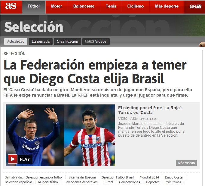 Real Federação Espanhola de Futebol já teme perder Diego Costa, diz jornal