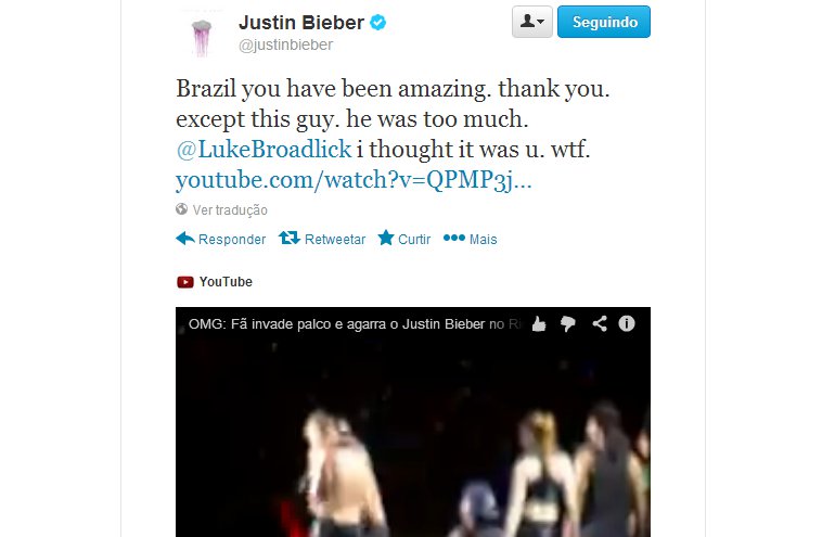 Justin Bieber fala sobre fã que o agarrou em show: ‘Ele exagerou’