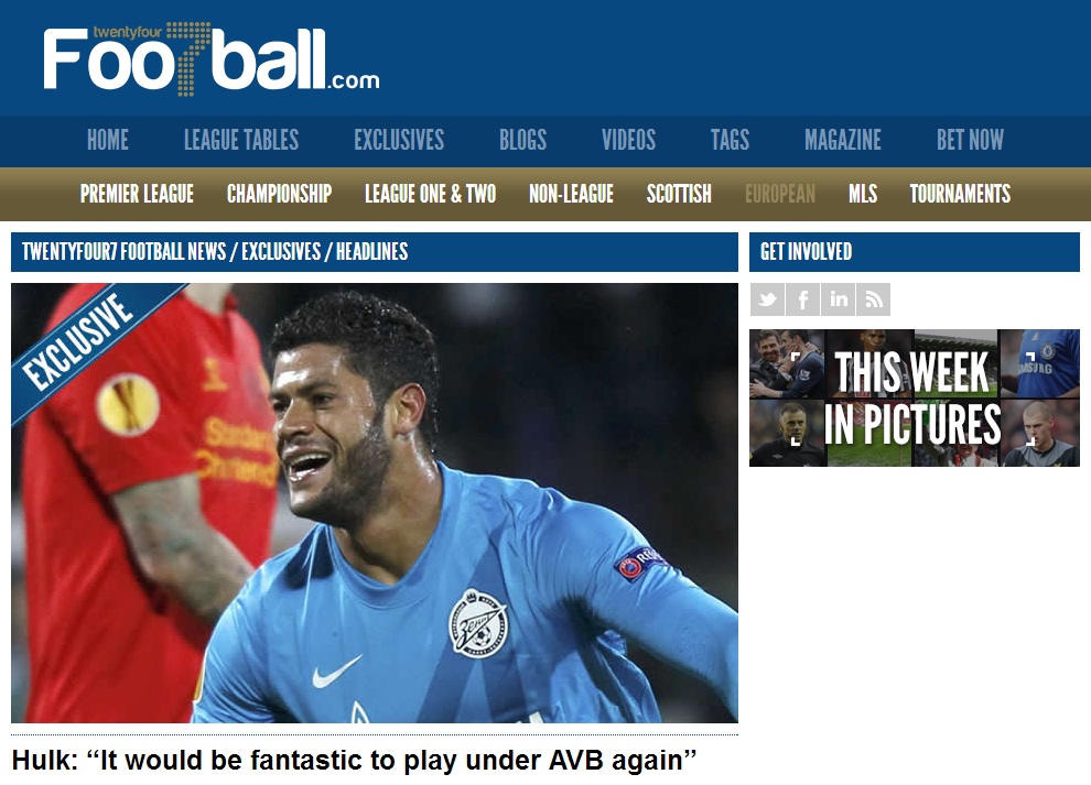 Em entrevista a revista, Hulk faz lobby para jogar no Tottenham elogiando treinador