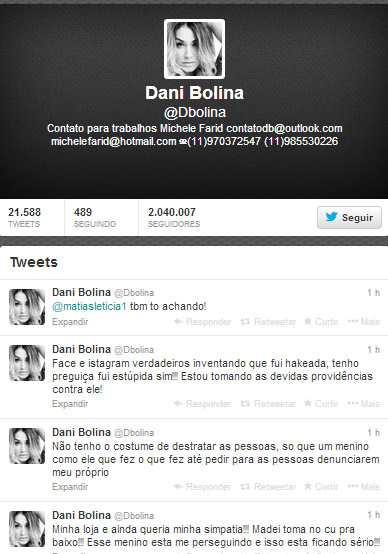 Dani Bolina diz que é perseguida por fã