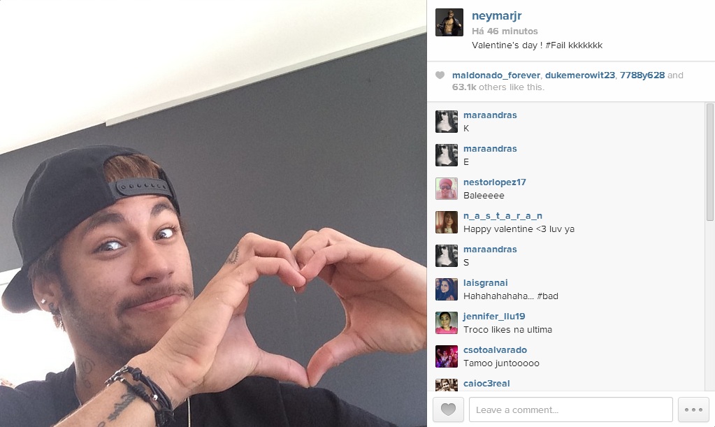 Neymar reclama de solteirice no Instagram: ‘Valentine’s Day Fail’