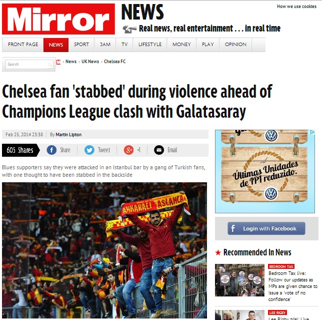 Torcedor do Chelsea é esfaqueado por torcedores do Galatasaray em Istambul