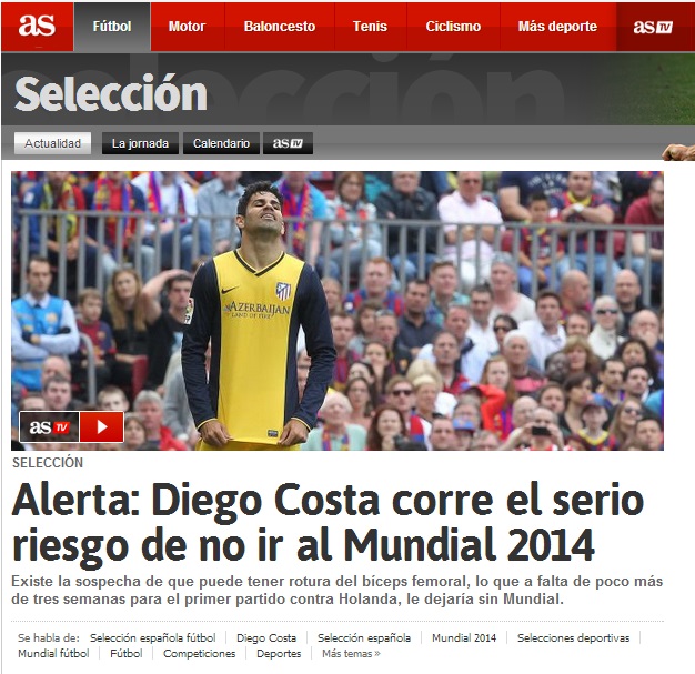 Imprensa espanhola diz que Diego Costa corre sério risco de ficar fora da Copa