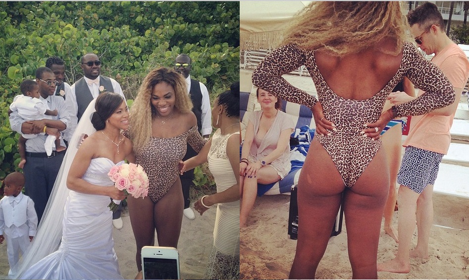 Serena Williams aproveita folga forçada e ‘visita’ casamento usando maiô de onça