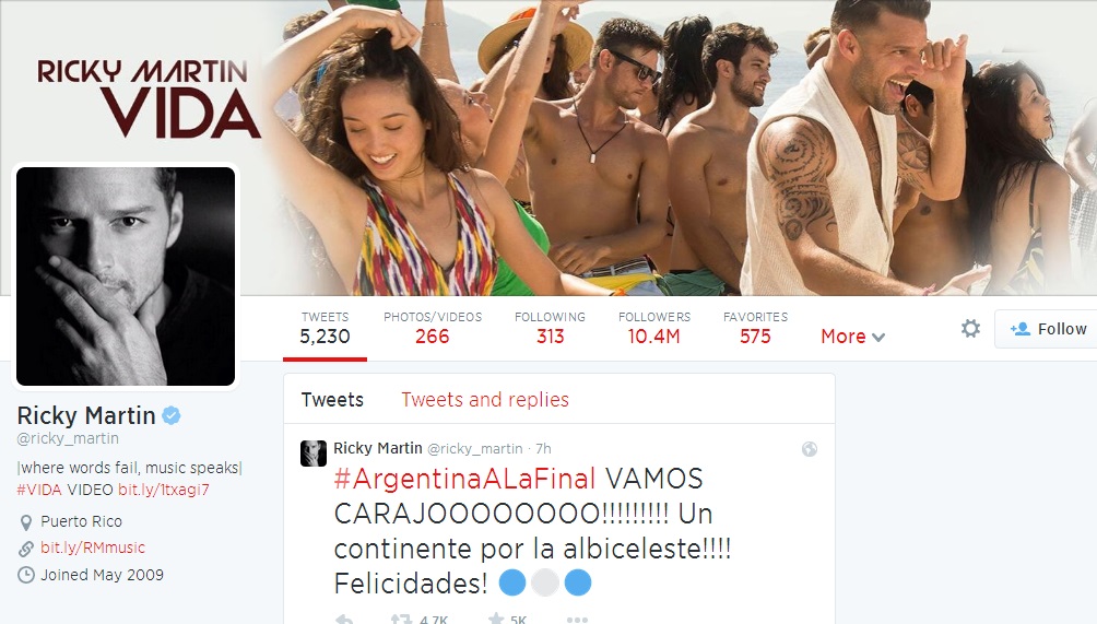Ricky Martin vibra com classificação da Argentina e pede ‘um continente pela celeste’