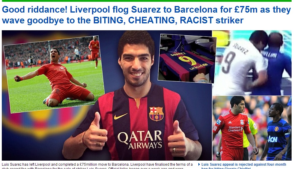 Jornal inglês comemora saída de Suárez do Liverpool: ‘Livrou-se do mordedor, traidor e racista’