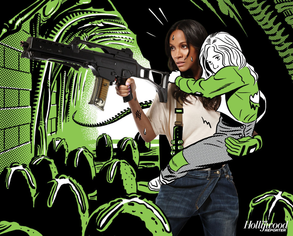 Para comemorar a abertura da Comic-Con, o site The Hollywood Reporter elaborou uma série de imagens nas quais atores recriam cenas icônicas de filmes não menos icônicos.A atriz Zoe Saldana, por exemplo, posou como Ellen Ripley, a tenente durona vivida por Sigourney Weaver em Aliens o Resgate (1986). 