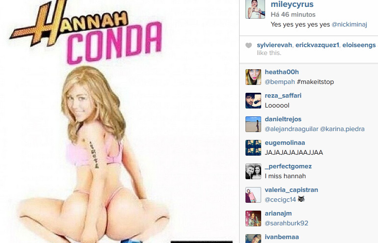 Miley Cyrus se diverte com montagem que coloca seu rosto no corpo de Nicki Minaj