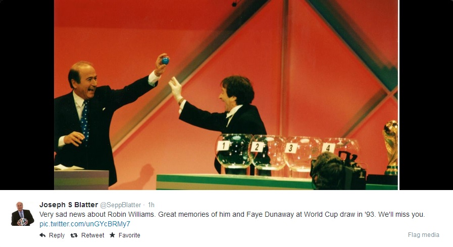 Blatter posta foto com Robin Williams no sorteio da Copa do Mundo de 1994
