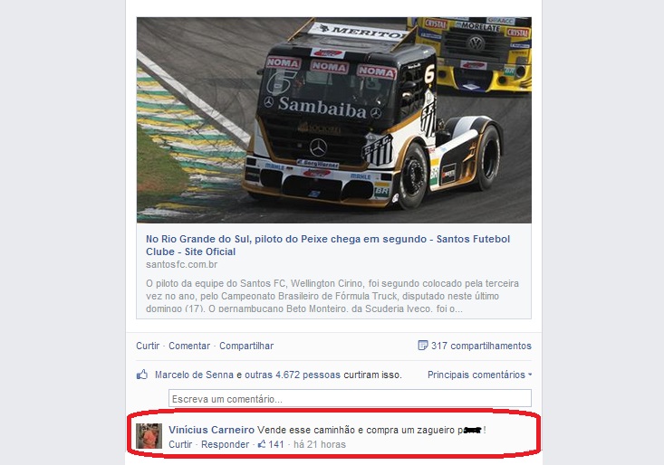 Torcedor do Santos se irrita com post no Facebook e usa Fórmula Truck para pedir zagueiro