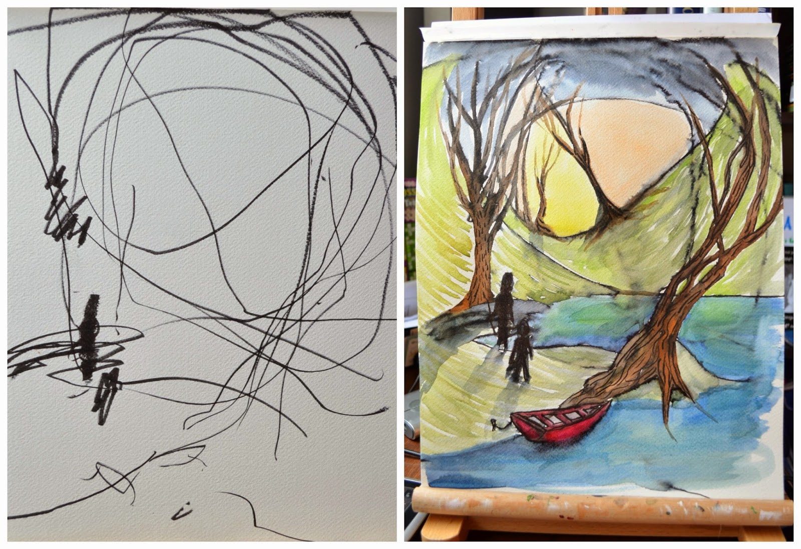 Artista transforma rabiscos da filha de 2 anos em pinturas de aquarela