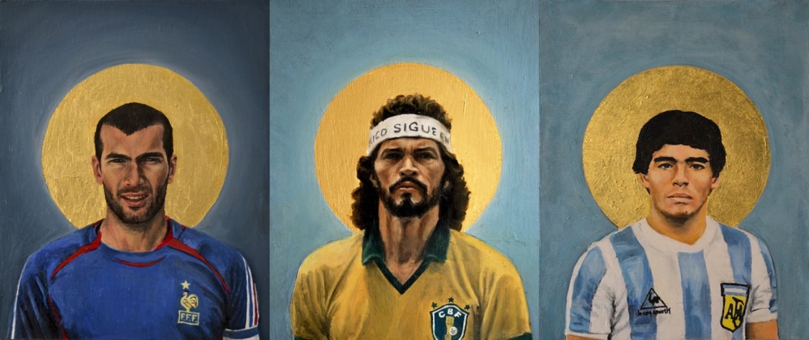 Craques do futebol mundial viram pinturas de santinhos nas mãos de artista plástico