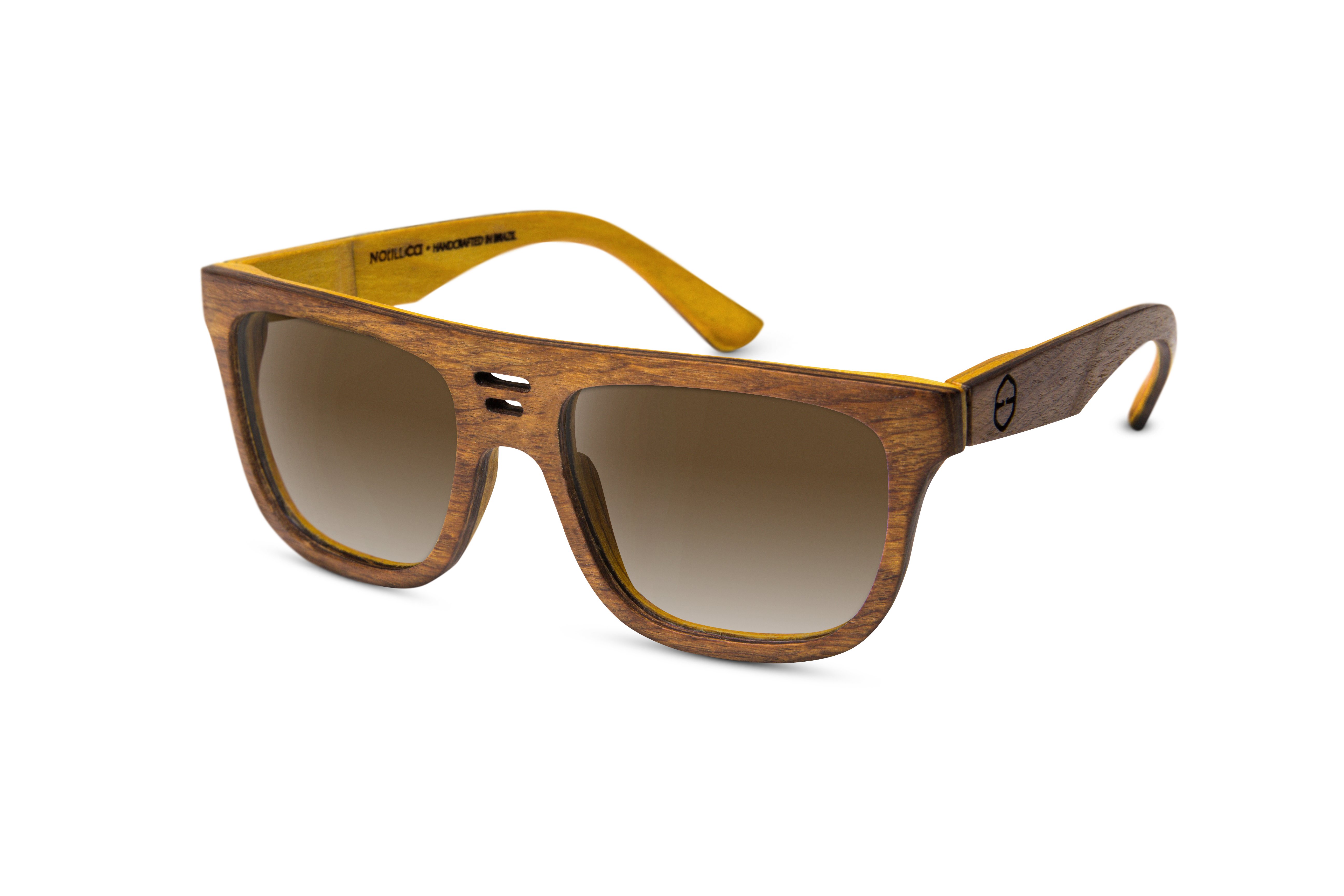 Óculos de sol modelo Cazu de madeira imbuia e laminação interna amarela; R$ 450, na Notiluca (www.notiluca.com.br)