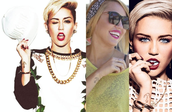 Âncora, tatuada em 2011, no pulso direito: Miley fez esta tatuagem no Brasil, durante a passagem da Gypsy Heart Tour no país. O tatuador Fabio Satori, responsável pelo desenho de Miley, contou sobre o significado dele para a cantora: “Miley disse à mãe que ela queria algo que fizesse referência à um porto seguro, algo que a lembrasse que ela sempre tem um lugar para voltar. O significado do desenho é de esperança e um lembrete de ter sempre os pés no chão”