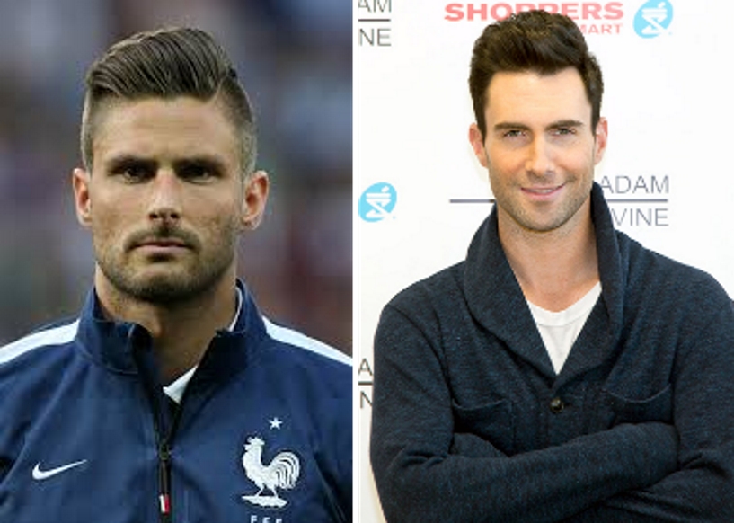 O craque francês Olivier Giroud e o cantor Adam Levine, do Maroon 5