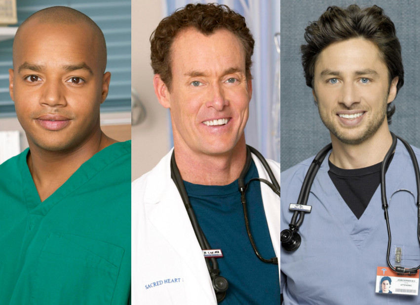 Os personagens de “Srcubs” Turk (Donald Faison), Dr. Cox (John McGinley) e J.D. (Zach Braff). O seriado encerrou em 2010
