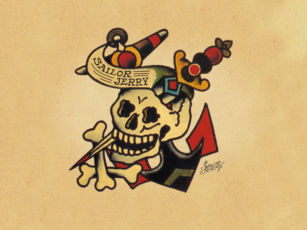 A caveira é um símbolo clássico do Old School, como esta de Sailor Jerry