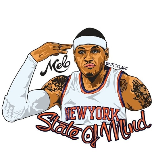 Um dos poucos jogadores retratados com o uniforme do seu time, Carmelo Anthony, do New York Knicks, foi desenhado fazendo o seu gesto característico quando anota pontos