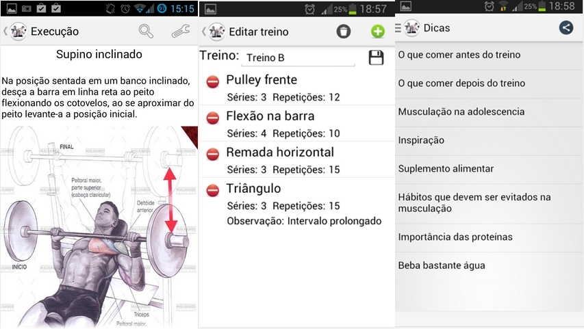 O Guia de Academia é um conjunto de aplicações destinadas ao condicionamento físico e qualidade de vida. Tem uma grande variedade de exercícios, com explicação e imagem de sua correta execução, e muitas outras funcionalidades que irá te ajudar a aprimorar seus treinos. Tem dicas sobre musculação, alimentação. Disponível pra Android 