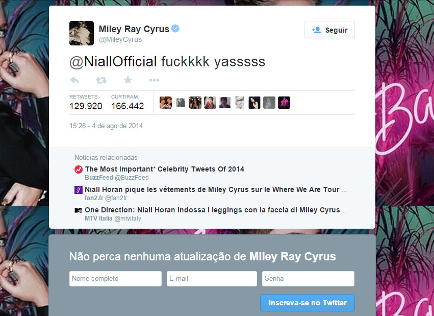 O tuíte mais retuítado de Miley Cyrus é uma resposta ao Niall Horan, do One Direction, mas o que ele tinha tuítado?