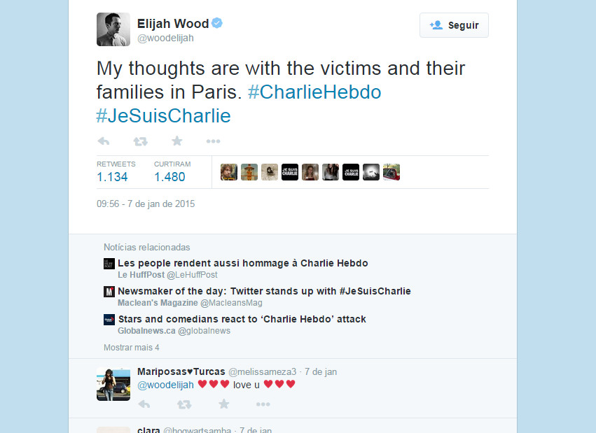 “Meus pensamentos estão com as vítimas e suas famílias em Paris” (Elijah Wood)