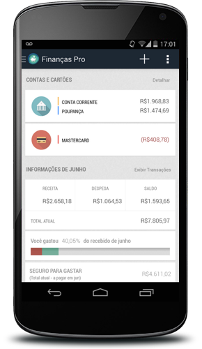 Finanças pessoais é um app com metas e orçamento mensal por categorias; relatórios de despesas e receitas; calendário de previsão de despesas; informações sobre o mês corrente na tela inicial. Algumas funções só funcionam na versão paga. Disponível pra Android