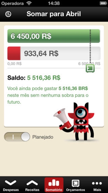 Toshl Finanças considerados um dos melhores apps pra controlar os gastos pelo New York Times e vencedor do prêmio Europa 2013 para Melhor Comércio, Finanças ou pagamentos Startup. Tem orçamentos apresentados de forma diário, semanal, quinzenal, mensal, anual. Disponível pra iOS e Android