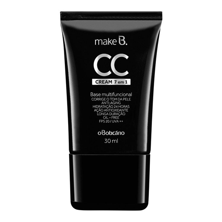 Make B. CC Cream Base Multifuncional 7 em 1 corrige e deixa o tom da pele uniforme, além de possuir efeito anti-aging e longa duração. Com uma fórmula oil free, com FPS 20/UVA, antioxidante, e hidratante; R$ 43,99, na Boticário (www.boticario.com.br). Preço pesquisado em janeiro de 2015, sujeito a modificações 