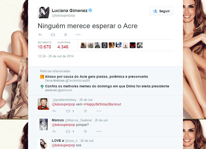 Nas eleições de 2014, o país teve que esperar para a divulgação dos resultados da apuração por conta do fuso horário e do horário de verão. Foi também quando Lu Gimenez fez seu tuíte mais retuítado