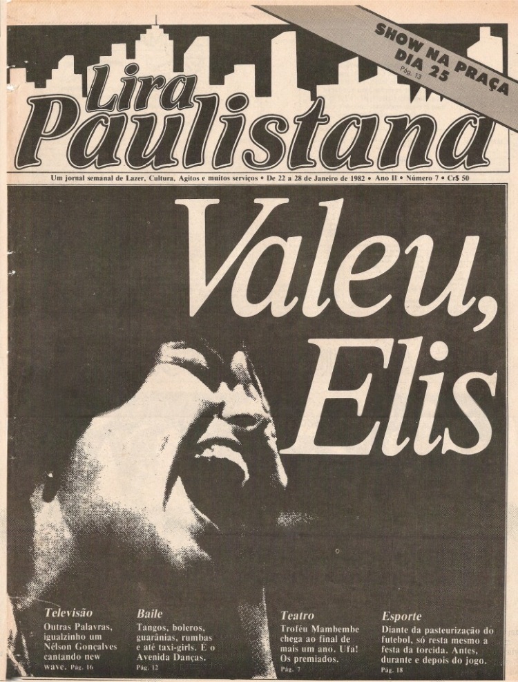 Capa do jornal Lira Paulistana noticiando a morte de Elis Regina, em janeiro de 1982