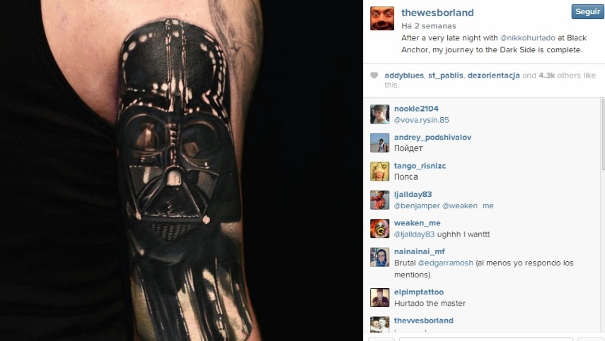 O guitarrista malucão do Limp Bizkit é tão fã que fez uma tattoo de Vader no braço