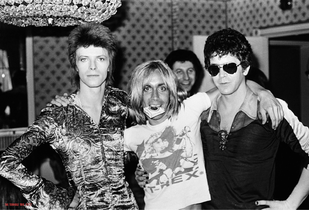  Esse trio é o verdadeiro ‘sexo, drogas e rock’ n’ roll’. Em 1972, Bowie produziu o clássico “Transformer”, de Lou Reed, e no ano seguinte  mixou várias faixas do álbum “Raw Power”, de Iggy Pop. Bowie também colaborou com “The Idiot”, primeiro solo de Iggy.