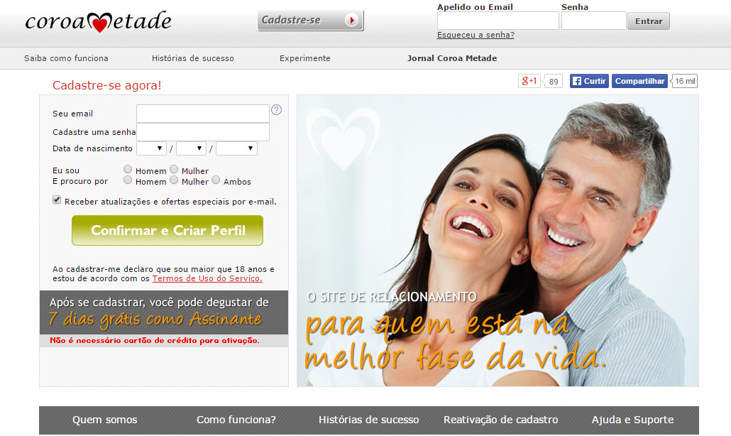 Site voltado para mulheres a partir dos 40 anos e homens a partir dos 45. O Coroa Metade segue o modelo de matchmaker, sites de encontros, surgidos nos EUA, onde as pessoas preenchem amplos cadastros antes de começar a teclar