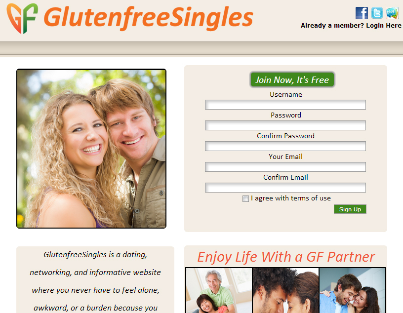 Gluten Free Singles é uma página na web perfeita para quem tem doença celíaca   (causada pela intolerância ao glúten) ou apenas optam por questão de saúde em alimentos livres de glúten. O site se compromete a formar um casal perfeito e feito um para o outro, ou seja, livres de glúten em suas alimentações. Gratuito