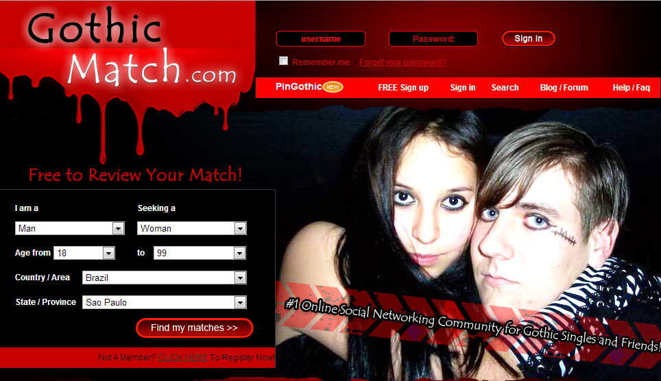 Gothic Match é o primeiro site de relacionamento voltado para meninos góticos e meninas góticas. Acreditando que tanto o estilo musical, quanto o de se vestir contam muito em uma relação, a rede social já adianta esses serviços para os solteiros de plantão. Quem não gosta do bom e velho pretinho básico no armário já não é bem vindo por aqui! Gratuito