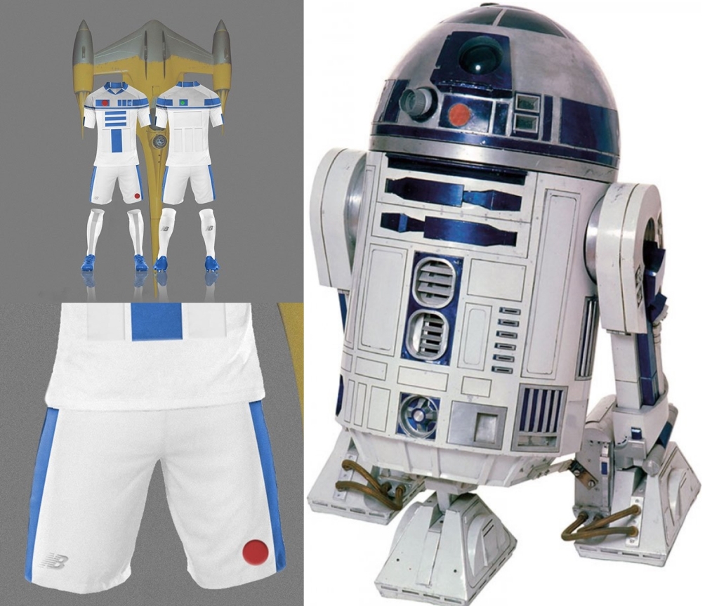 Já o uniforme de R2D2 foi inspirado nos uniformes da New Balance, que retorna esse ano ao futebol