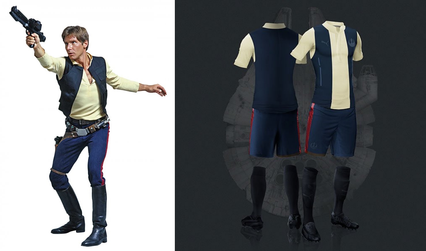 Han Solo, interpretado pelo grande Harrison Ford, teve seu colete e sua camiseta "colados" para o uniforme inspirado no personagem