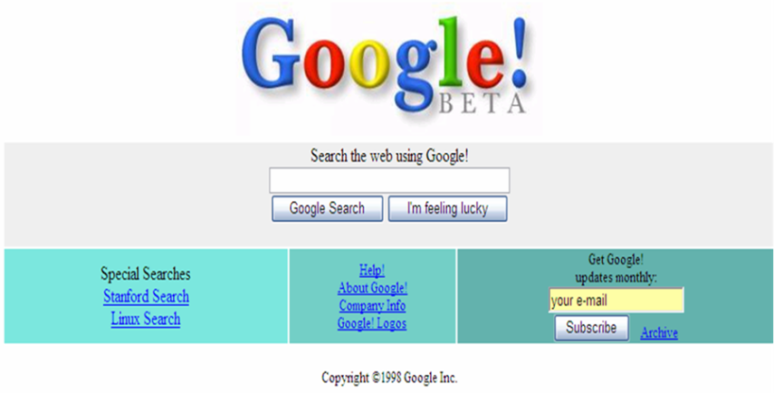 Larry Page e Sergey Brin, estudantes da Universidade de Stanford, em 1996 deram o pontapé pra criar uma ferramenta pra localização de conteúdos a partir de palavras-chave. Seu boom aconteceu a partir de 2000, quando ganha versão em 15 idiomas. Hoje é um conglomerado, que vai além de ser o maior buscador da internet, que mantém um serviço de e-mail, desenvolve apps, anúncios, mapeamento, imagens