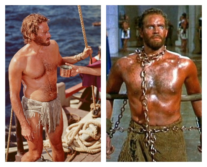 O brucutu Heston se desnudou como o escravo (gay) de Ben-Hur (1959). Hoje o ator é um homem de direita que apoia as armas nos EUA