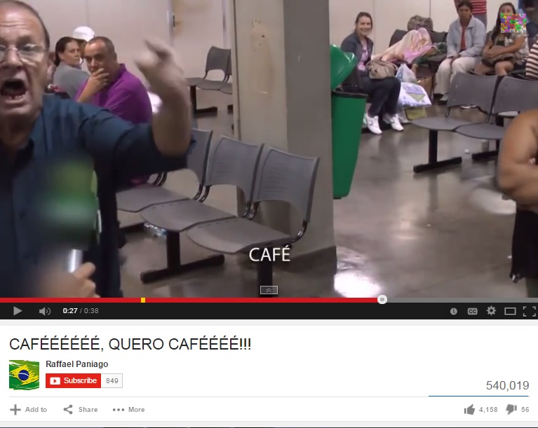 Era uma matéria sobre espera em alguma repartição. Revoltado, ele só queria café! Cafééé.