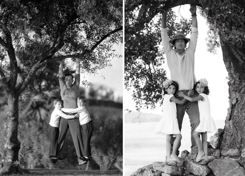 Buster Keaton com os filhos Robert e James em 1924/ Angelo com as filhas Matilde e Margherita 
