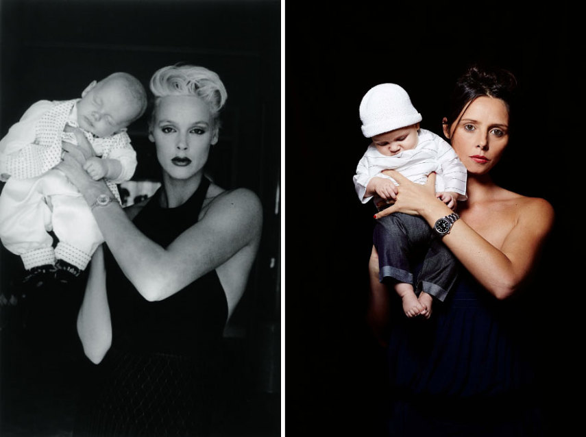 A atriz Brigitte Nielsen e o filho em 1990/ Bebe com o filho Bernardo 
 