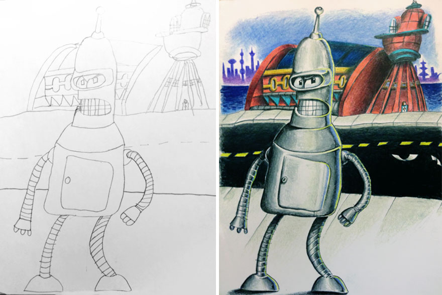 Pai leva o desenho dos filhos para colorir durante viagens de negócios.
