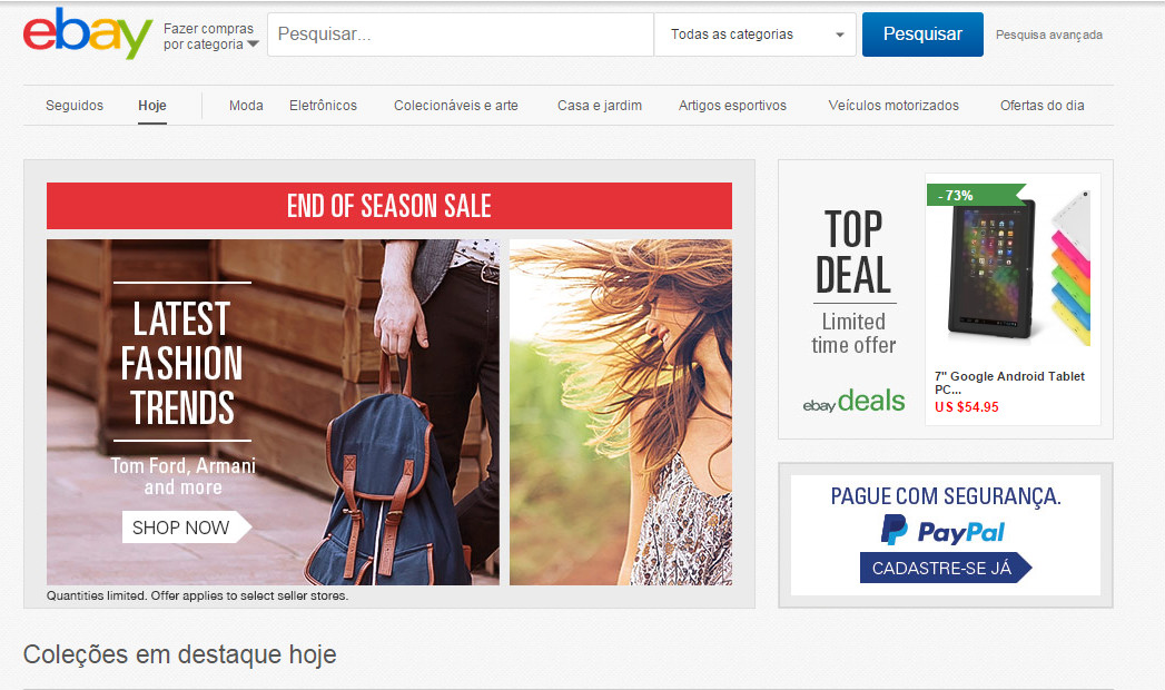 O Ebay é um site de compras mundial que apresenta produtos com preços baixos, porém qualidade melhor que do Aliexpress. O mais legal do site é que encontramos produtos de marcas conhecidas e coleções específicas
<a href="http://www.ebay.com/"><em>site</em></a>